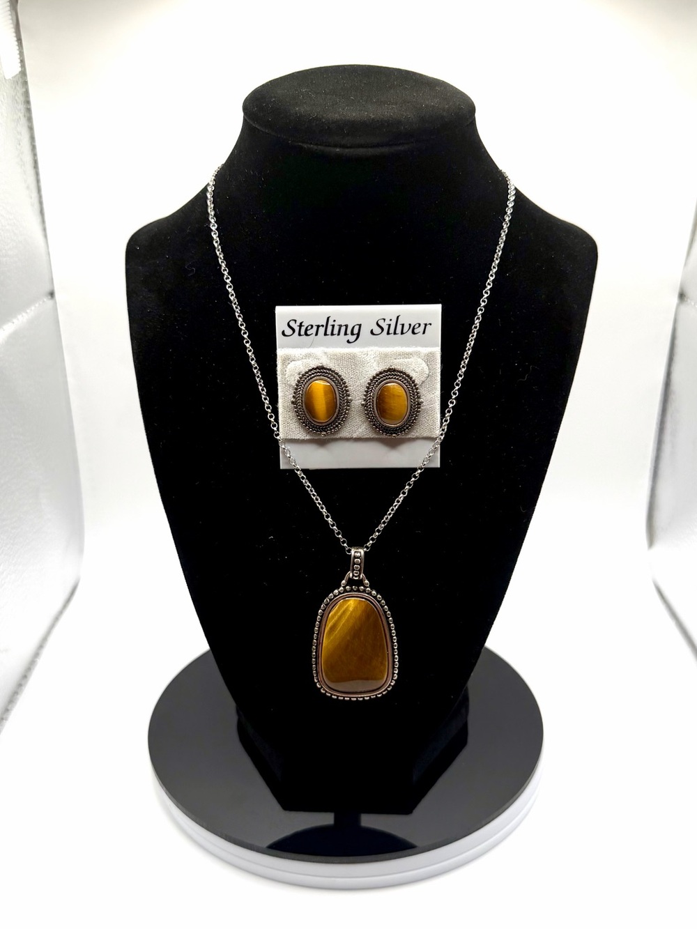 Tiger's Eye Necklace & Stud Earrings Set in Sterling Silver NWT